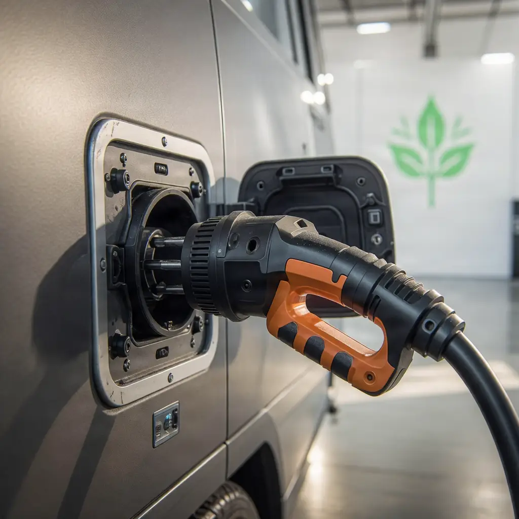 Symbol of sustainability in logistics, electric charging station.